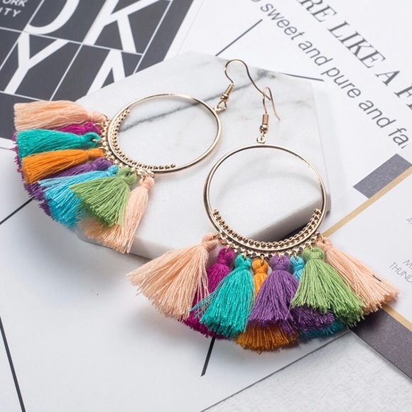 HP!🌈NEW💙💎BEAUTIFUL🌈COLORFUL TASSEL HOOPS💙GOLD - Picture 4 of 8